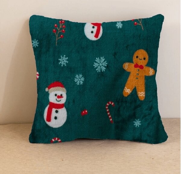 Jastučnica od mikropliša SNOWMAN AND GINGERBREAD 45x45 cm, zelena