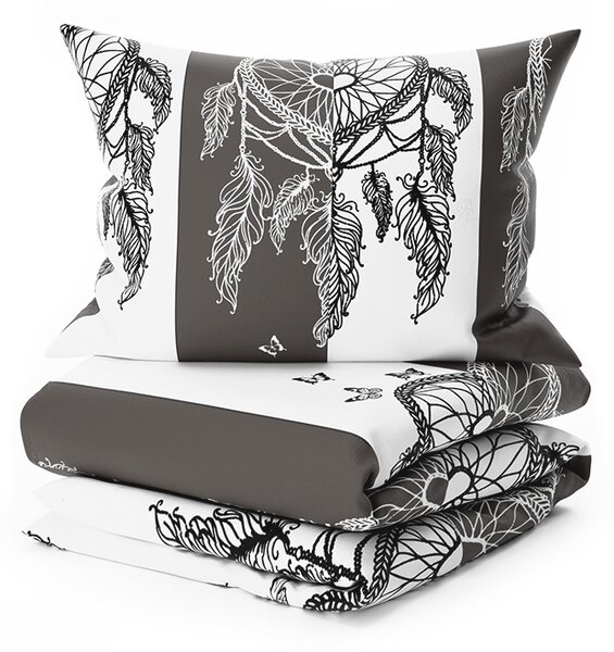 Set posteljine od mikropliša TIRSO sivo-bijele boje + plahta od mikropliša SOFT 90x200 cm bijela, za jedan krevet