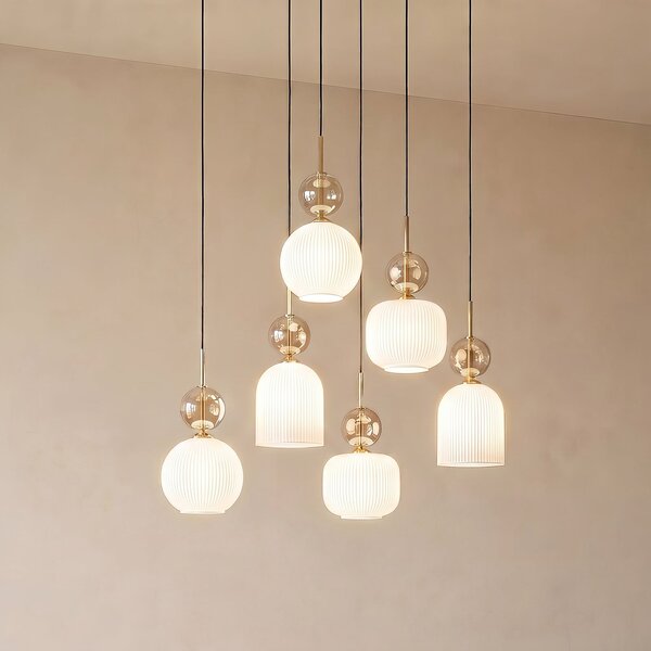 TK Lighting Sophia viseća lampa, 6 žarulja, bijela/kognac, duljina 65 cm, E14, prigušiva, Bijela, Dnevni boravak/blagovaonica, Staklo