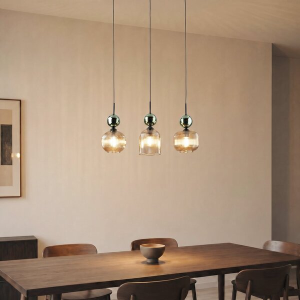 TK Lighting Sophia viseća lampa, 3 svjetla, boja konjaka/zelena, duljina 65 cm, E14, prigušiva, Zelena, Dnevni boravak/blagovaonica, Staklo