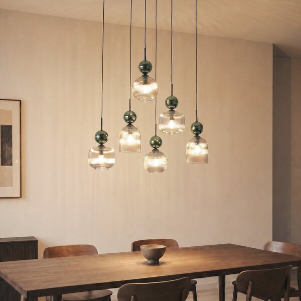 TK Lighting Sophia viseća lampa, 6 svjetiljki, boja konjaka/zelena, duljina 65 cm, E14, prigušiva, Zelena, Dnevni boravak/blagovaonica, Staklo