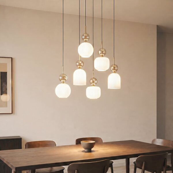 TK Lighting Sophia viseća lampa, 6 žarulja, bijela/kognac, duljina 65 cm, E14, prigušiva, Bijela, Dnevni boravak/blagovaonica, Staklo