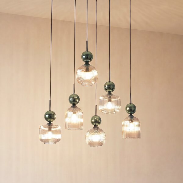 TK Lighting Sophia viseća lampa, 6 svjetiljki, boja konjaka/zelena, duljina 65 cm, E14, prigušiva, Zelena, Dnevni boravak/blagovaonica, Staklo