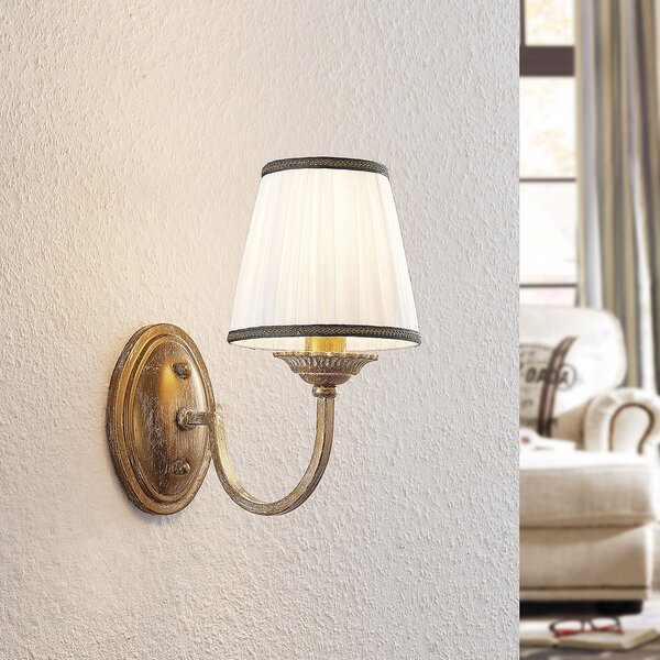 Lindby zidna lampa Lumiel, krem/mesing, tekstil, 27cm, prigušiva, Bronca / stari mesing, Dnevni boravak/blagovaonica, Tkanina / tekstil