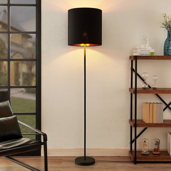 Lindby Nymar podna lampa, tkanina, crna i zlatna, Crno, Dnevni boravak/blagovaonica, Tkanina / tekstil