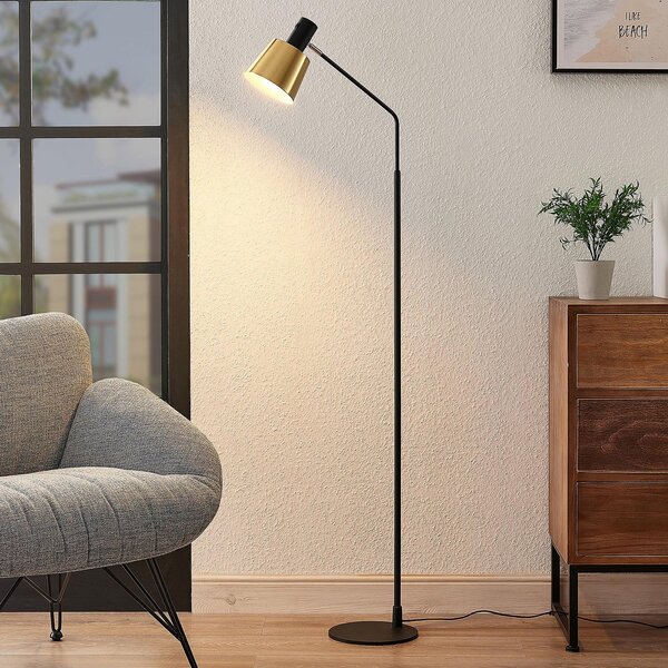 Lindby podna lampa Vlada, 144 cm, mesing, crna, metal, Crno, Dnevni boravak/blagovaonica, Metal