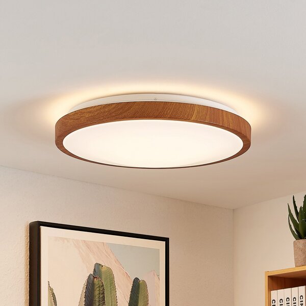 Lindby LED stropna svjetiljka Mynte, Ø42cm, izgled drveta, plastika, Drvo, Dnevni boravak/blagovaonica, Plastika