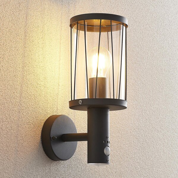 Lindby vanjska zidna lampa Yonan, visina 34 cm, antracit, senzor, Crno, Metal