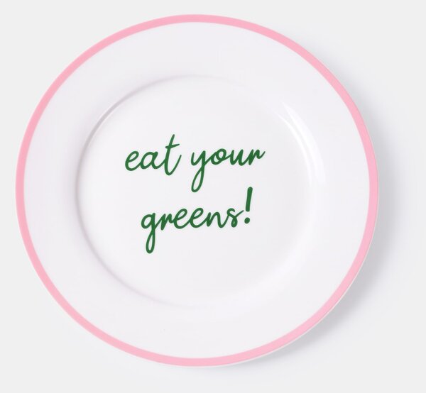 Sinsay - Keramički tanjur s natpisom "eat your greens!" i ružičastim rubom