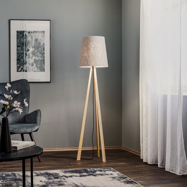 Quitani tronožna podna lampa Jata, drvo, filc, siva