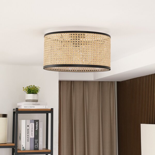 Lindby Yaelle stropna lampa, Ø 40 cm, ratan, crna, E27, prigušiva, Drvo, Dnevni boravak/blagovaonica, Drvo