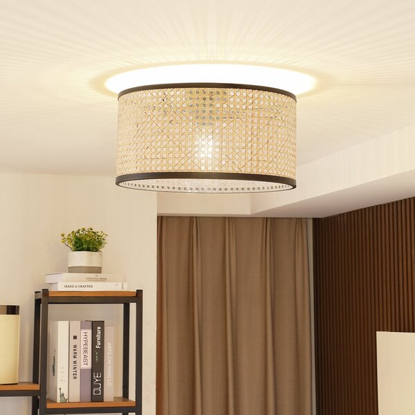 Lindby Yaelle stropna lampa, Ø 40 cm, ratan, crna, E27, prigušiva, Drvo, Dnevni boravak/blagovaonica, Drvo