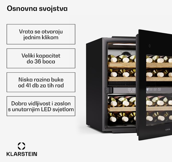 Klarstein Rhone 36 Duo hladnjak za vino, 36 boca, LED kontrola, pritiskom na otvaranje, tihi