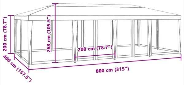 Šator za zabave s 12 mrežasta bočna zida bijeli 8x4 m HDPE - Bijela / 8 x 4 m