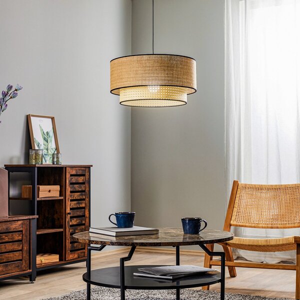 Duolla Boho viseća lampa, smeđa/drvo, Ø 45 cm, tkanina/rattan, prigušiva, Drvo, Dnevni boravak/blagovaonica, Tkanina / tekstil