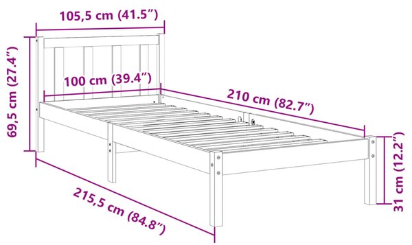 Okvir kreveta bez madraca bijeli 100x210 cm masivna borovina - Bijela / 100 x 210 cm
