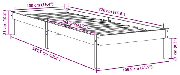 Dugi okvir kreveta bez madraca bijeli 100 x 220 cm od borovine - Bijela / 100 x 220 cm