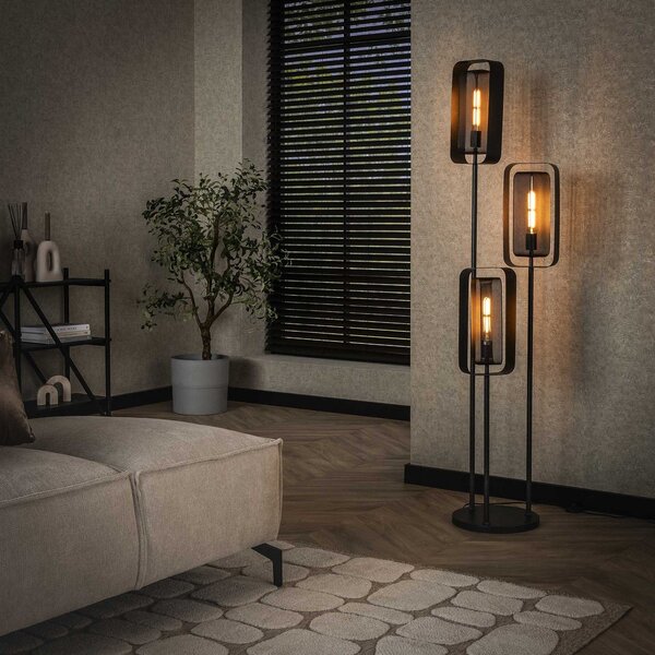 ZIJLSTRA Alma podna lampa, 3 žarulje, crna, metalna, mrežasto sjenilo rotirajuće, Crno, Dnevni boravak/blagovaonica, Metal