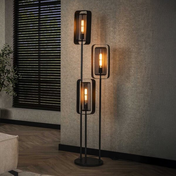 ZIJLSTRA Alma podna lampa, 3 žarulje, crna, metalna, mrežasto sjenilo rotirajuće, Crno, Dnevni boravak/blagovaonica, Metal