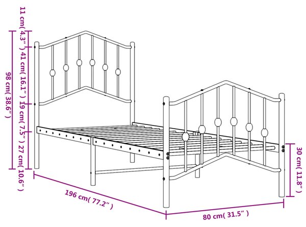 Metalni okvir kreveta s uzglavljem i podnožjem crni 75 x 190 cm - Crna / 75 x 190 cm