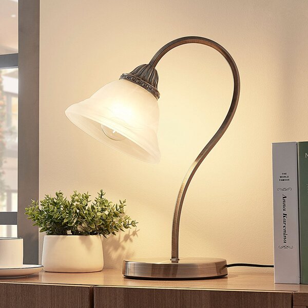 Lindby stolna lampa Mialina, 42 cm, bijela, staklo, metal, Bronca / stari mesing, Dnevni boravak/blagovaonica, Staklo
