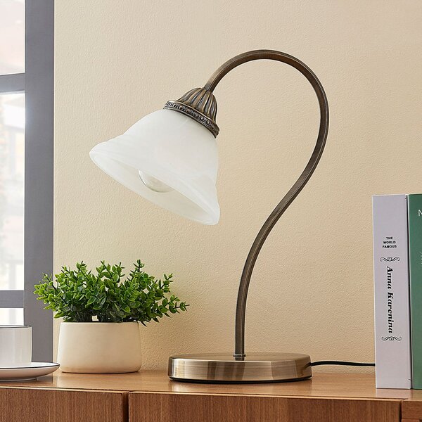 Lindby stolna lampa Mialina, 42 cm, bijela, staklo, metal, Bronca / stari mesing, Dnevni boravak/blagovaonica, Staklo