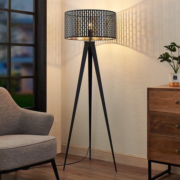 Lindby podna lampa Thoralf, tronožac, crna, tekstil, Ø50cm, Crno, Dnevni boravak/blagovaonica, Metal, Stalak kišobran