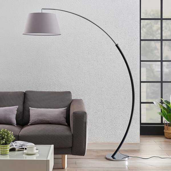 Lucande podna lampa Evelyna, sivo/crna, metal, 192cm, Sivo, spavaća soba, Tkanina / tekstil