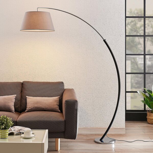 Lucande podna lampa Evelyna, sivo/crna, metal, 192cm, Sivo, spavaća soba, Tkanina / tekstil