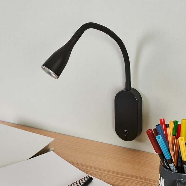 Lindby LED zidna lampa Enna, 34 cm, crna, prekidač, USB, Crno, spavaća soba, Plastika
