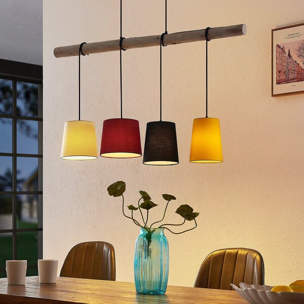 Lindby viseća lampa Hinai, crno/crveno/žuta, tekstil, 116cm, prigušiva, Drvo, Dnevni boravak/blagovaonica, Tkanina / tekstil