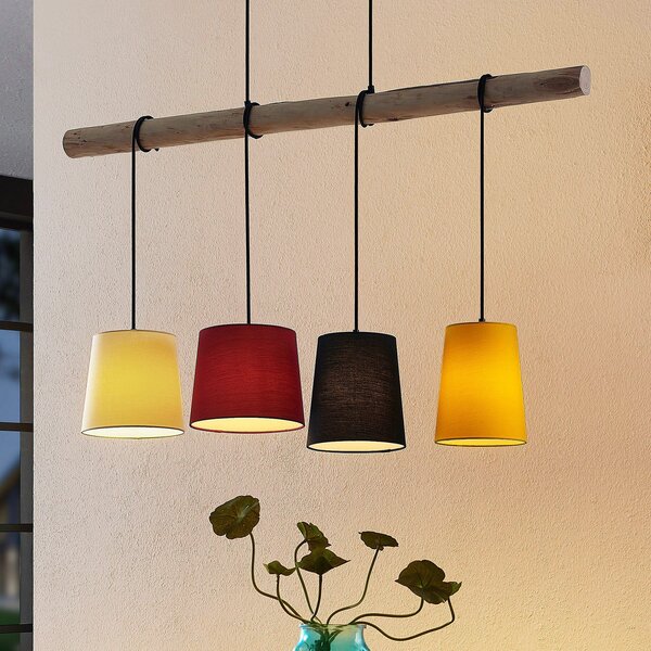 Lindby viseća lampa Hinai, crno/crveno/žuta, tekstil, 116cm, prigušiva, Drvo, Dnevni boravak/blagovaonica, Tkanina / tekstil