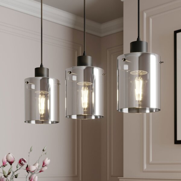 Lindby Kourtney viseća lampa, 3 žarulje, crno/siva, staklo, E27, prigušiva, Crno, Dnevni boravak/blagovaonica, Staklo