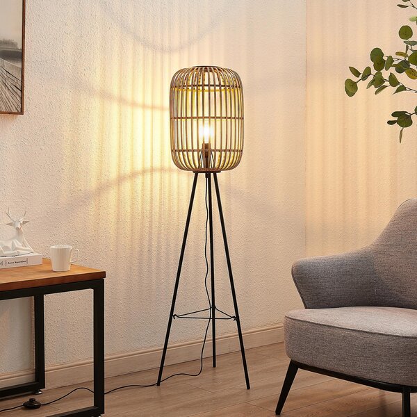 Lindby podna lampa Canyana, 139 cm, natur, ratan, tronožac, Drvo, Dnevni boravak/blagovaonica, Drvo, tronožac