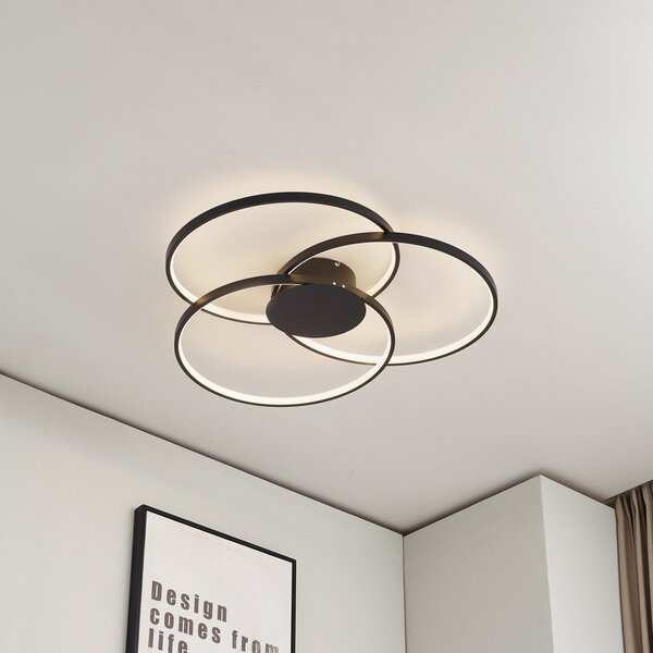 Lindby LED stropna svjetiljka Riley, crna, 3.000 K, prigušiva, prigušiva, Crno, Dnevni boravak/blagovaonica, Metal