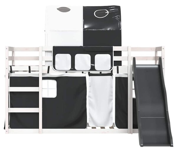 Krevet na kat s toboganom i zavjesama bijelo-crni 90 x 190 cm - Crna / 90 x 190 cm