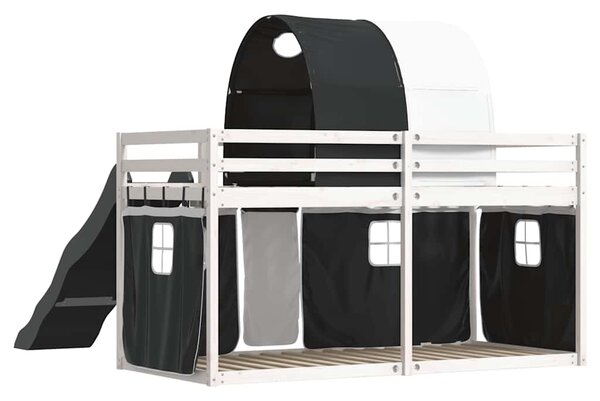 Krevet na kat s toboganom i zavjesama bijelo-crni 90 x 190 cm - Crna / 90 x 190 cm