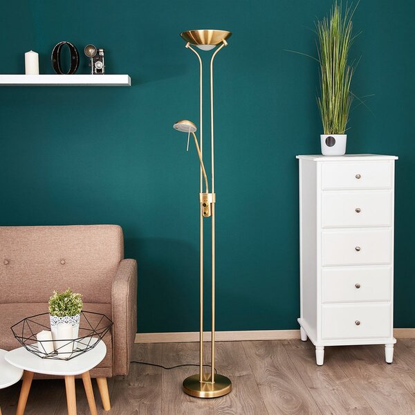 Lindby LED podna lampa Josefin, mesing, svjetlo za čitanje, prigušivanje, prigušiva, Zlato / mjed, Dnevni boravak/blagovaonica, Metal, Svjetlo za čitanje