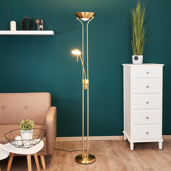 Lindby LED podna lampa Josefin, mesing, svjetlo za čitanje, prigušivanje, prigušiva, Zlato / mjed, Dnevni boravak/blagovaonica, Metal, Svjetlo za čitanje