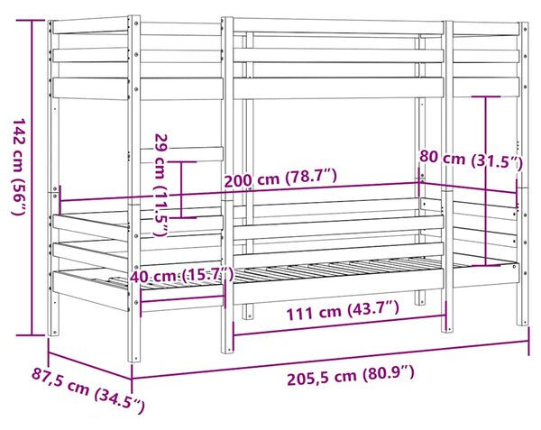 Krevet na kat voštano smeđi 80 x 200 cm od masivne borovine - Smeđa / 80 x 200 cm