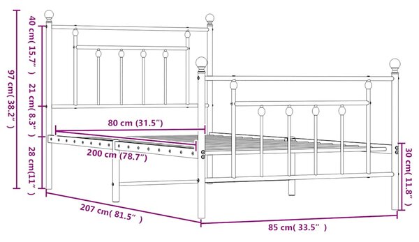 Metalni okvir kreveta uzglavlje i podnožje crni 80x200 cm - Crna / 80 x 200 cm