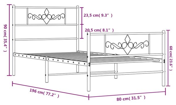 Metalni okvir kreveta uzglavlje i podnožje crni 75x190 cm - Crna / 75 x 190 cm