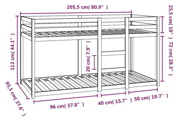 Krevet na kat 90 x 200 cm od masivne borovine - Smeđa / 90 x 200 cm