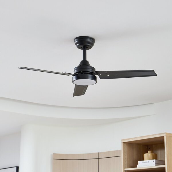Lindby Aerallo LED stropni ventilator, crni, CCT, tih, Crno, Dnevni boravak/blagovaonica, Metal