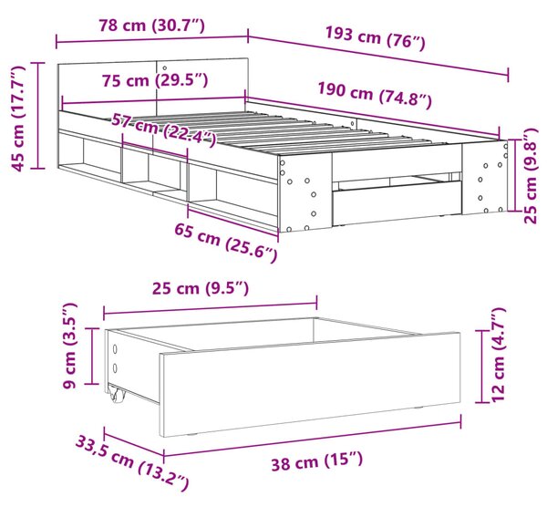 Okvir kreveta s ladicom bijelo 75x190 cm drveni - Bijela / 75 x 190 cm