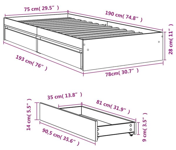 Okvir kreveta s ladicama boja dimljenog hrasta 75x190 cm drveni - Smeđa / 75 x 190 cm