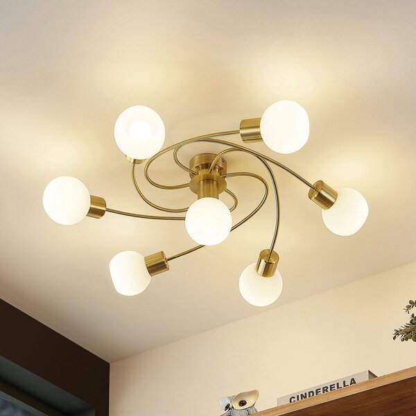 Lindby plafonjera Ciala, 7-light, boja mesinga, staklo, prigušiva, Zlato / mjed, Dnevni boravak/blagovaonica, Staklo, Metak