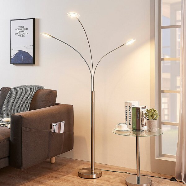 Lindby LED podna lampa Anea, 168 cm, 3 žarulje, boja nikla, Metalik, Dnevni boravak/blagovaonica, Metal