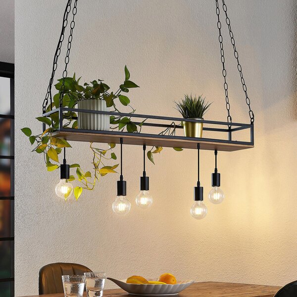Lindby Kirista viseća lampa, 5 žarulja, crna/drvo, 100 cm, E27, prigušiva, Crno, Dnevni boravak/blagovaonica, Metal