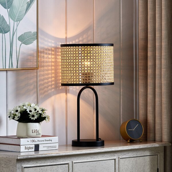Lindby stolna lampa Yaelle, 50 cm visoka, ratan, crna, E27, Drvo, Dnevni boravak/blagovaonica, Drvo